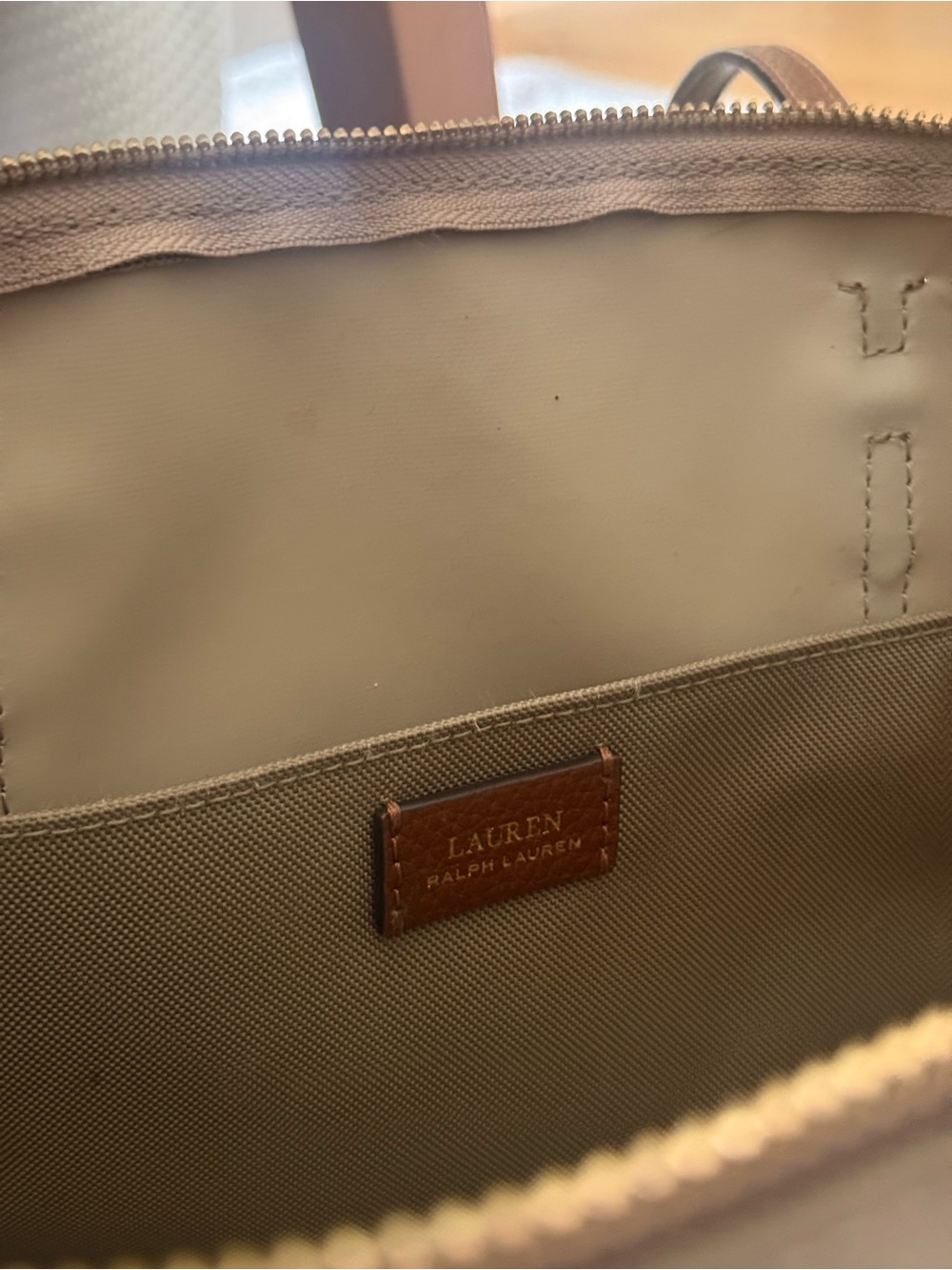 Lauren Ralph Lauren Medium Keaton Nylon Tote Khaki Cognac Leather Gold - Picture 4 of 9